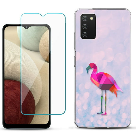Slim-Fit TPU Phone Case Compatible with Samsung Galaxy A02s, with Tempered Glass Screen Protector, by OneToughShield ® - Flamingo / Polygon