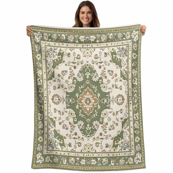Boho Vintage Throw Blankets, Ethnic Tribal Floral Pattern Soft Fleece Blanket Decorative for Home Sofa Couch Chair Living Bedroom, 30x40 Inches, Green Beige