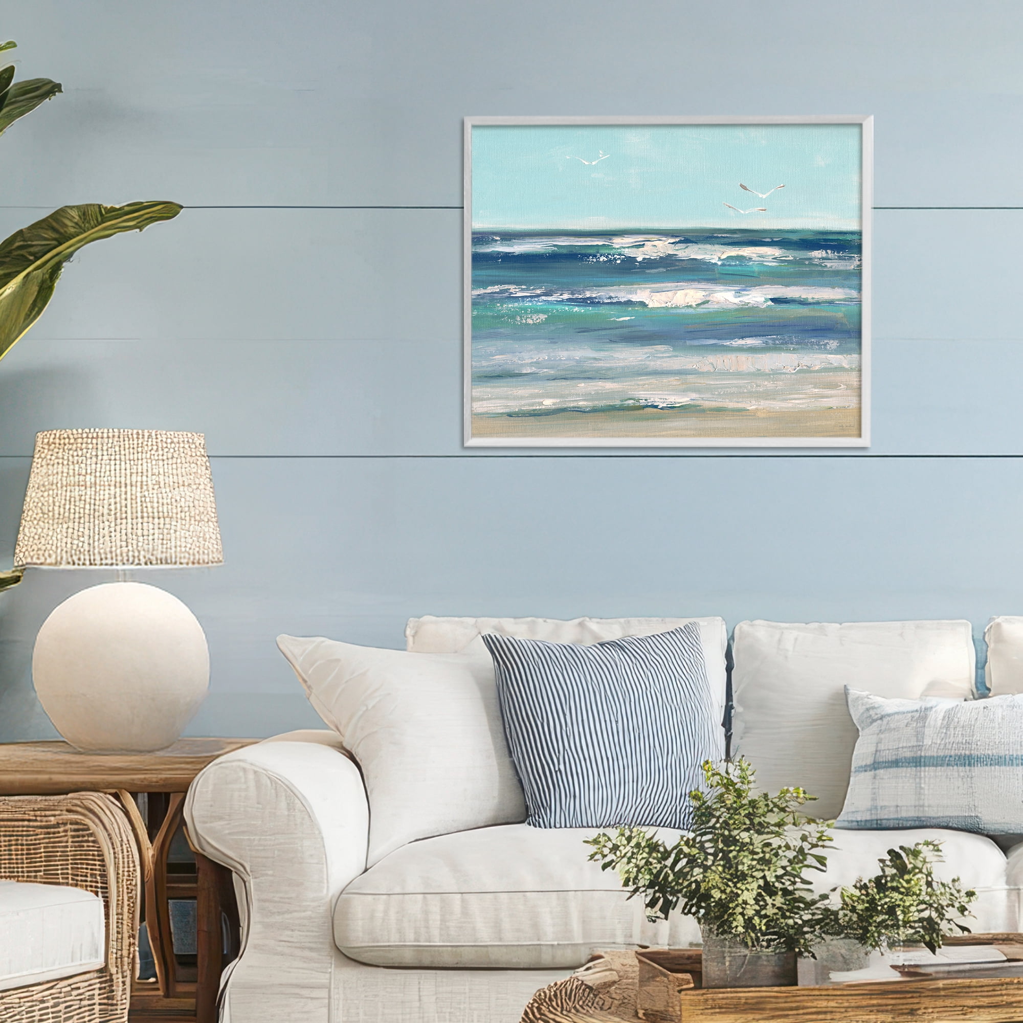 Stupell Industries Seagulls over Rolling Waves White Framed Giclee Art, design by Sally Swatland