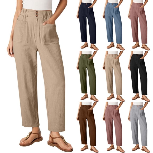Horkkom Casual Pants for Women Elastic Waist Button with Pockets Harem Pants Business Loose Boho Pants, Gifts for Women