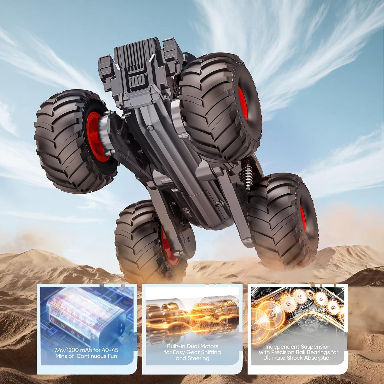 VKFVKF 1:16 Waterproof Remote Control Monster Truck - 4WD Amphibious All Terrain RC Car, Off-Road Toy Truck with Rechargeable Battery, Gift for Kids