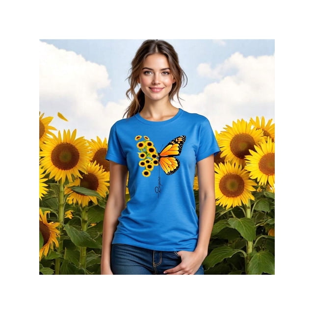 Blusa con Estampado de Mariposa y Girasoles – Diseño Único y Significativo Color Aqua Talla Grande Marca Emil SaEs