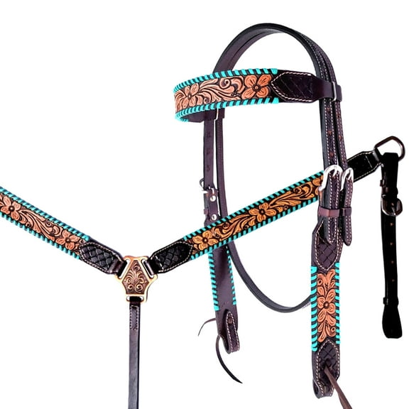HILASON Western Horse Floral Buckstitch American Leather Headstall Breast Collar Set