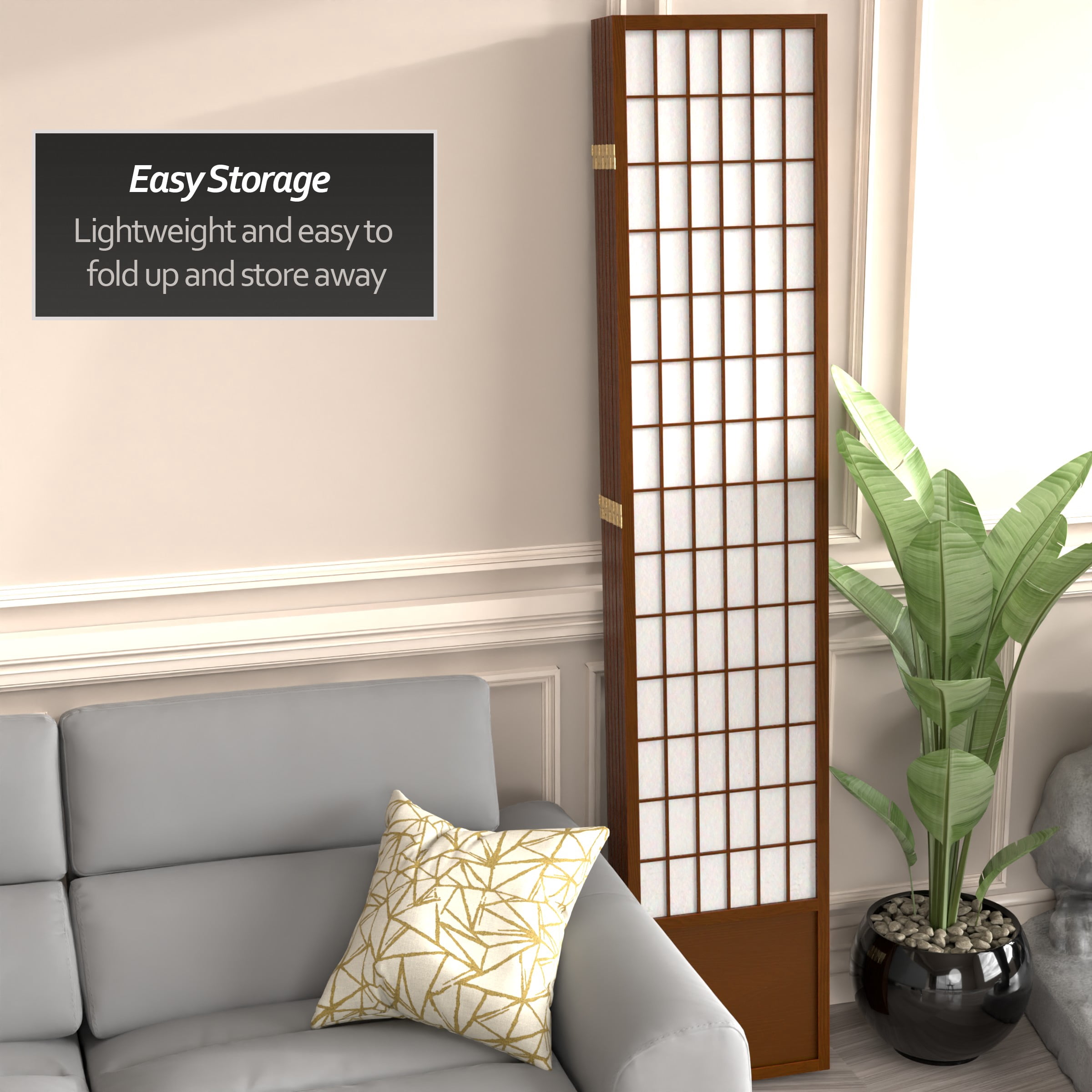 Red Lantern 7 ft. Tall Window Pane Shoji Screen - Walnut - 6 Panels