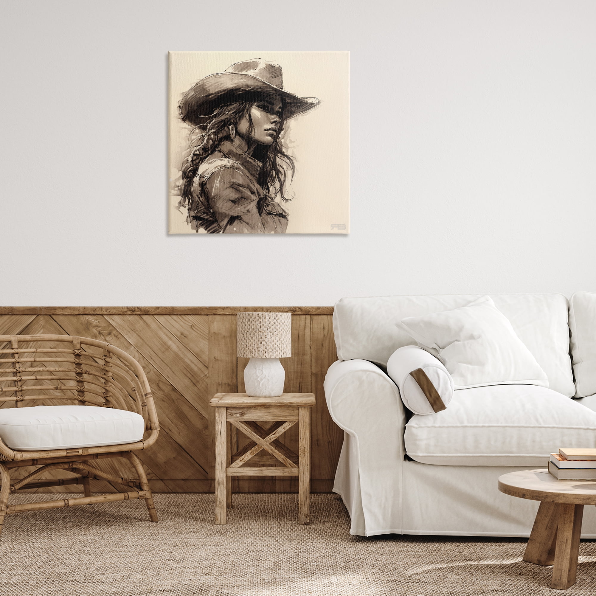 Stupell Industries Stoic Cowgirl Looking Away People Painting Wrapped Canvas Art Print Wall Art, 30 x 30