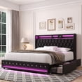 thumbnail image 3 of Homfa Queen Size LED Bed Frame with 2 Storage Drawers, Modern Wingback PU Leather Crystal Button Upholstered Platform Bed Frame with Outlets and USB Ports & Display Platform, Black, 3 of 9