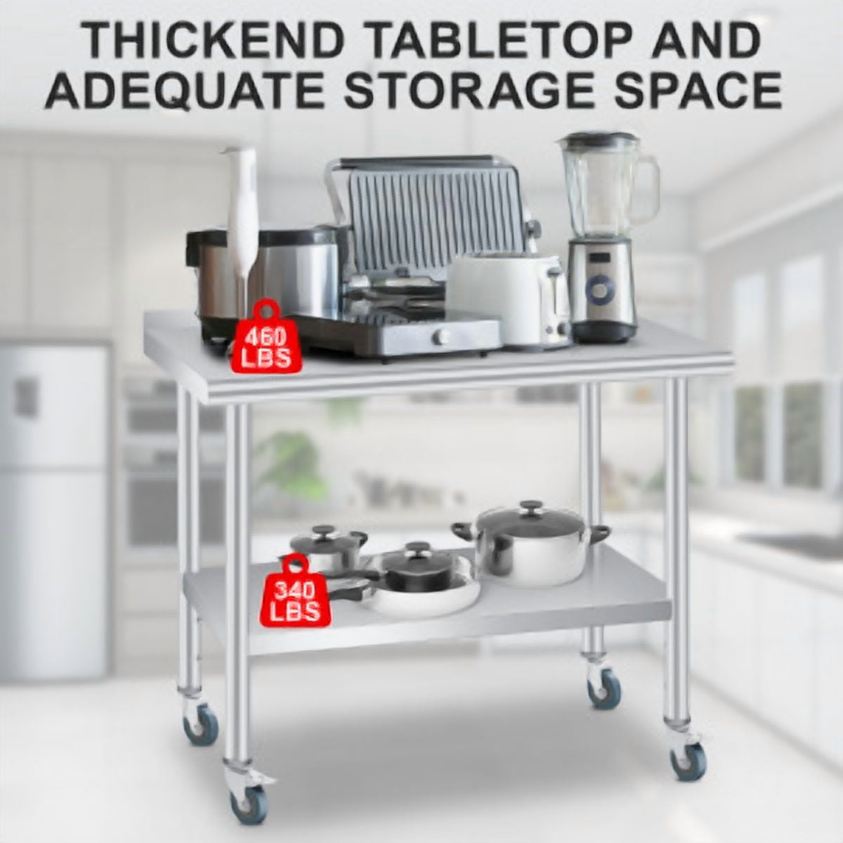 Ataucjin Stainless Steel Table for Prep & Work with Backsplash and 4 Caster Wheels, Commercial Heavy Duty Table with Adjustable Under Shelf for Commercial Kitchen Restaurant Busines