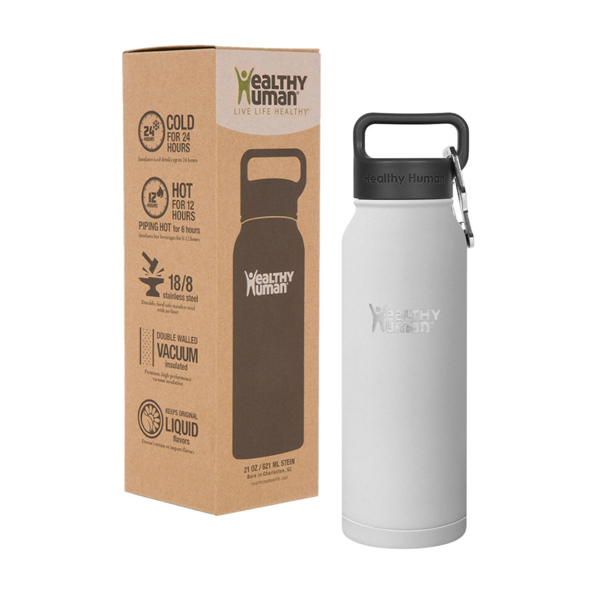 Healthy Human Stainless Steel Water Bottle | Double Walled Vacuum Insulated Water Thermos for Adults | Eco-Friendly Travel Bottles with Leak Proof Lid (Pure White, 21 oz/ 621 ML)