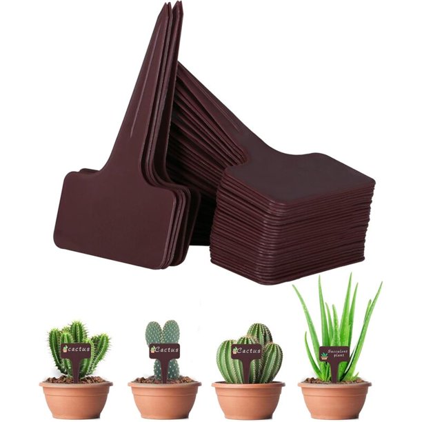 Paquete de 100 miniletreros para plantas, estacas de plástico en forma de T para plantas, letreros marrones para plantas para etiquetar, etiquetas reutilizables para plantas de jardín resistentes a la