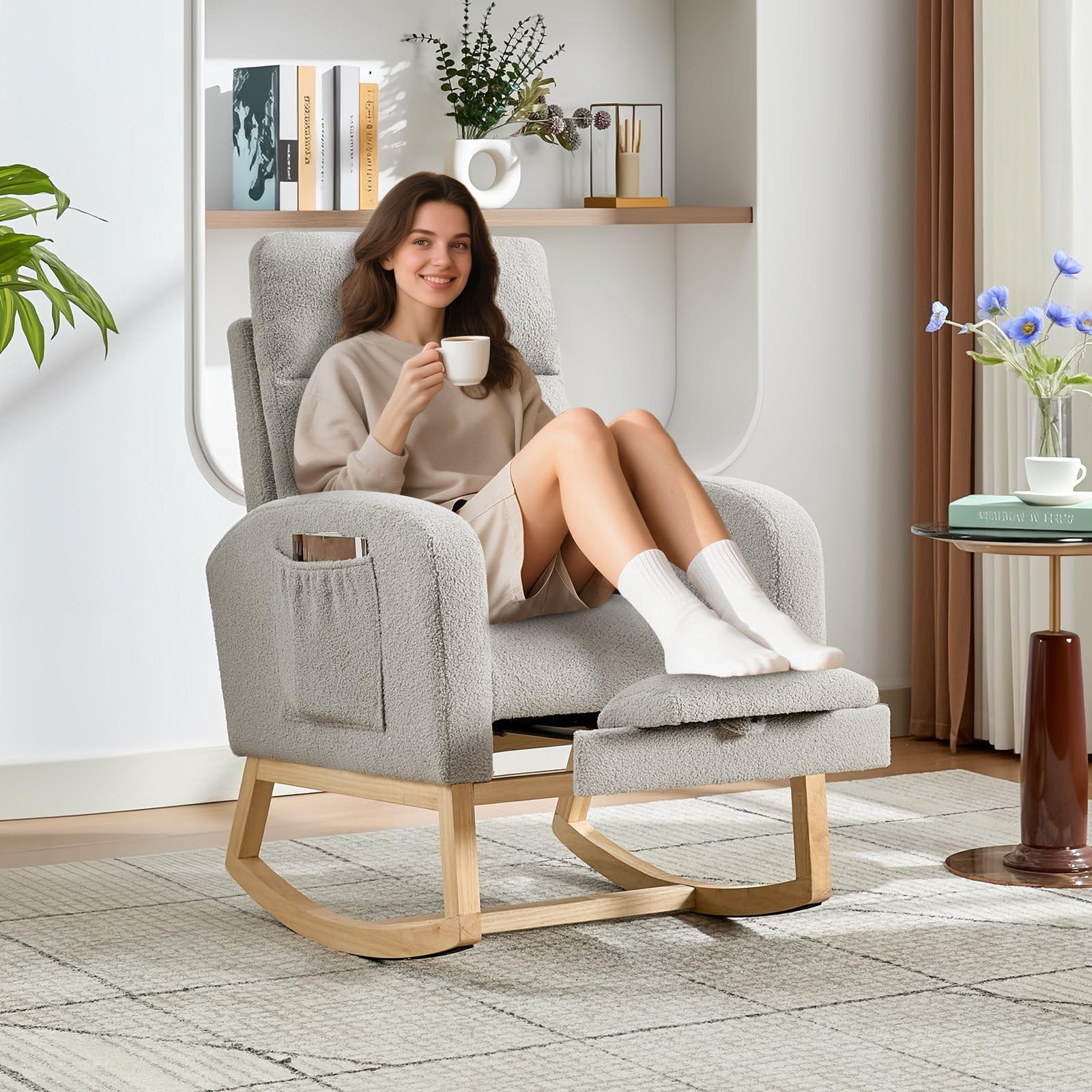 Kicctian Teddy Upholstered Rocking Chair with Extendable Footrest, Wooden Leg Rocking Armchair with Storage Side Pocket, Nursery Accent Seating for Living Room, Bedroom,Gray