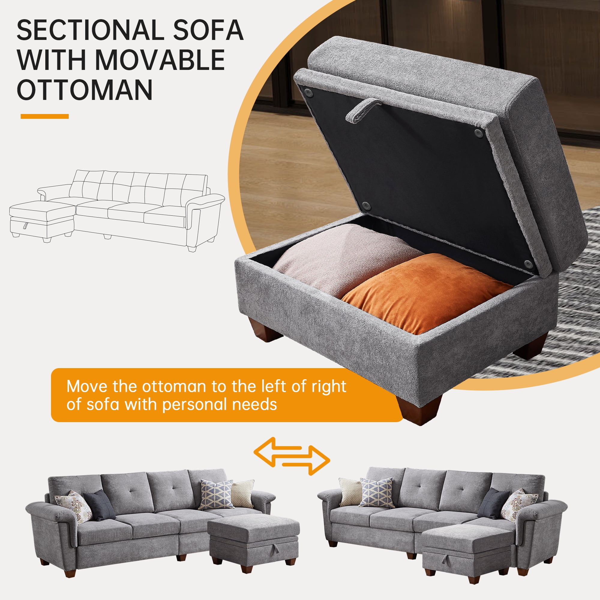Jarenie Modern Living Room Furniture - Sectional Recliners Couch Set with Cup Holders & Wooden Armrests