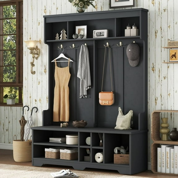 WGYPRIME 77.3"H Hall Tree with 6 Metal Hooks and Storage Space, Modern Hallway Coat Rack with Shoe Cubbies and Top Storage, Entryway Bench for Hallway, Entryway, Bedroom
