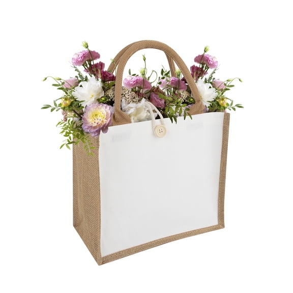 TOPTIE Jute Tote Bag with Handles for Travel, Reusable Canvas Grocery Bag with Button Closure Beach Bag