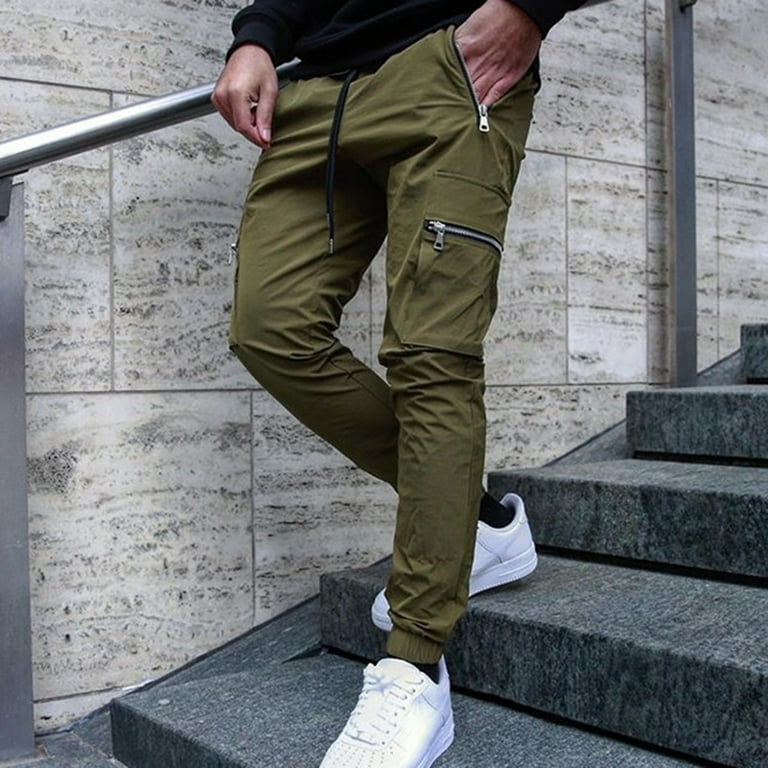 HES Men Sports Pants Multi pockets Elastic Waist Ankle Length Casual Comfortable Sweatpants for Jogging