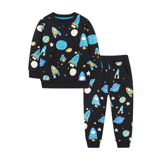 TIEVOSA Ensemble Athlétique Deux Pièces pour Garçons, Chandail à Capuchon à Manches Longues à Imprimé Fusée et Pantalon, pour 4-5 Ans (Bleu)