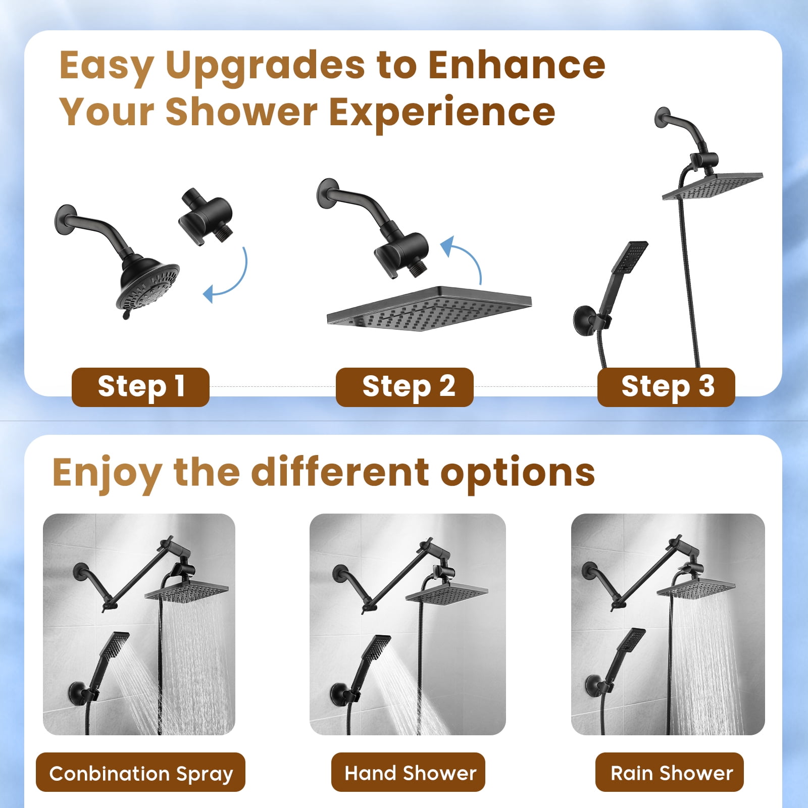 BRIGHT SHOWERS Rain Shower Head with Handheld Spray 5 ft. Shower Hose Combo Includes Wall Mount Suction Bracket 3-Way Water Diverter Mount (8 Inch Square, Matte Black)