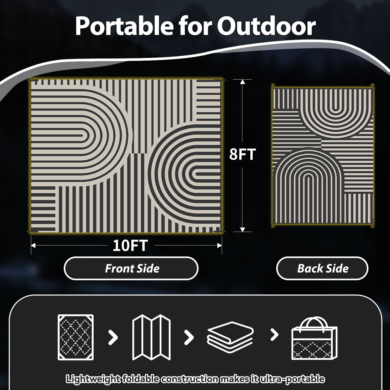 VUNATE Outdoor Rug with LED Strip Lights 8'x10' Waterproof Reversible Patio Rug Plastic Straw Lightweight Indoor Outdoor Rug for RV Camping Deck Balcony Boho Porch Decor Gray and Beige