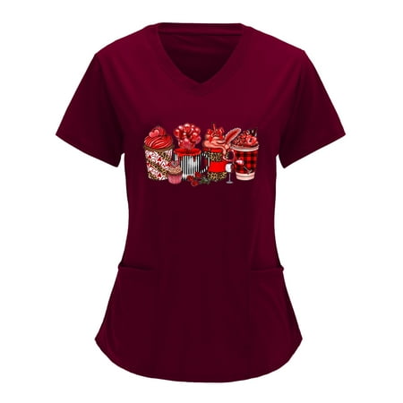 

Women Scrubs Top Working Uniform Nurses Clothing Workwear Printed Short Sleeve V-Neck Solid Color Shirts T-Shirts Tops With Pockets Top Graphic Tees