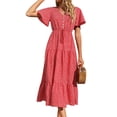 thumbnail image 3 of HUBERY Women Button Tie Waist Pleated Floral Printed V Neck Short Sleeve Midi Dress, 3 of 7