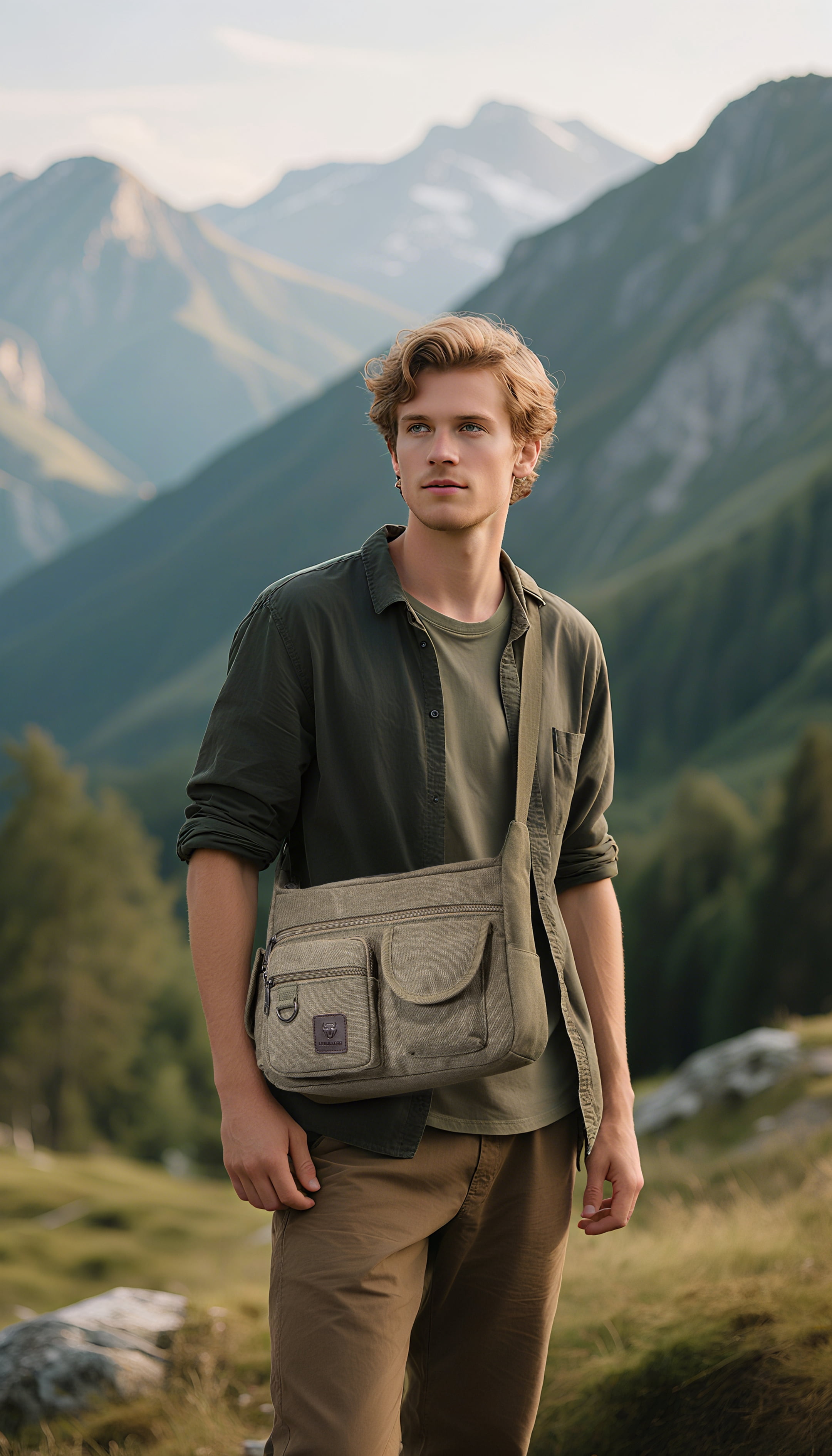 LEBULLBRO Canvas Messenger Bag for Mens Womens Multi-pockets 13 inch Laptop Shoulder Sling Bags School Crossbody Bags Travel Green