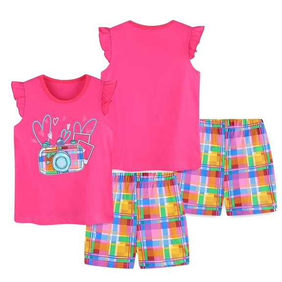 WOLLED Toddler Kids Girls Summer Cartoon Shorts Set Outfits Baby Casual Sleeveless T-Shirts and Plaid Shorts Set for 2-8 Years Old