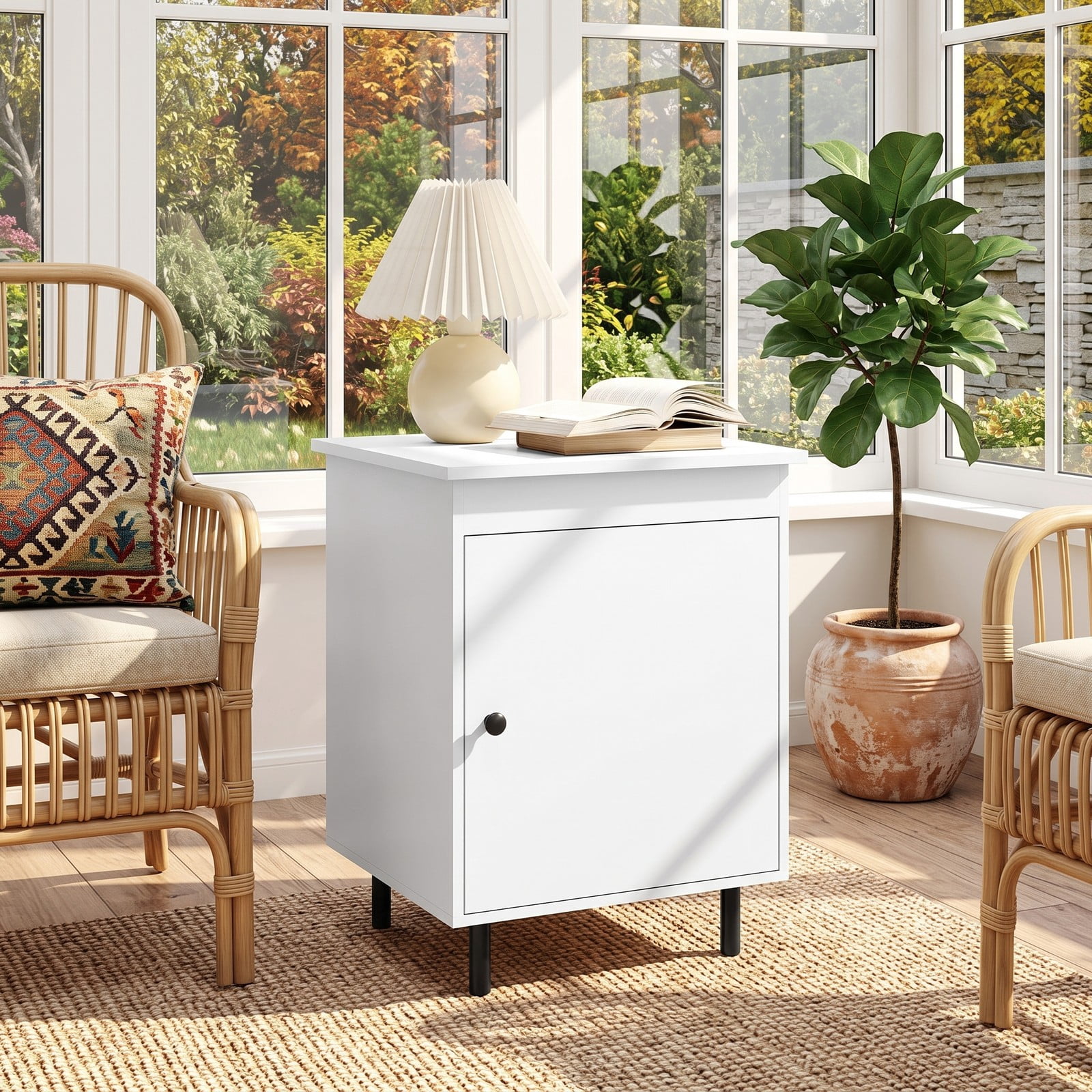 Furnibear Mid Century Nightstand with Enclosed Storage Cabinet and Open Top and Metal Legs for Bedroom and Living Room, White Bedside Table