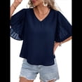 thumbnail image 3 of Blusas Elegantes de Verano para Mujer, con Cuello en V, Corta y Pétalos Abullonados, Informales, para Trabajo y Negocios Azul Marino M, 3 of 8