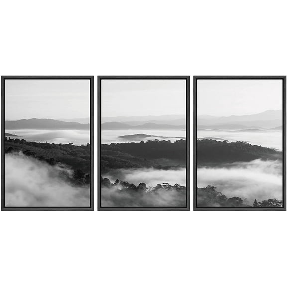 IDEA4WALL Framed Canvas Wall Art Foggy Forest and Mountains Landscape Wilderness Photography Abstract Modern Aerial Relax/Calm Black and White for Living Room, Bedroom, Office