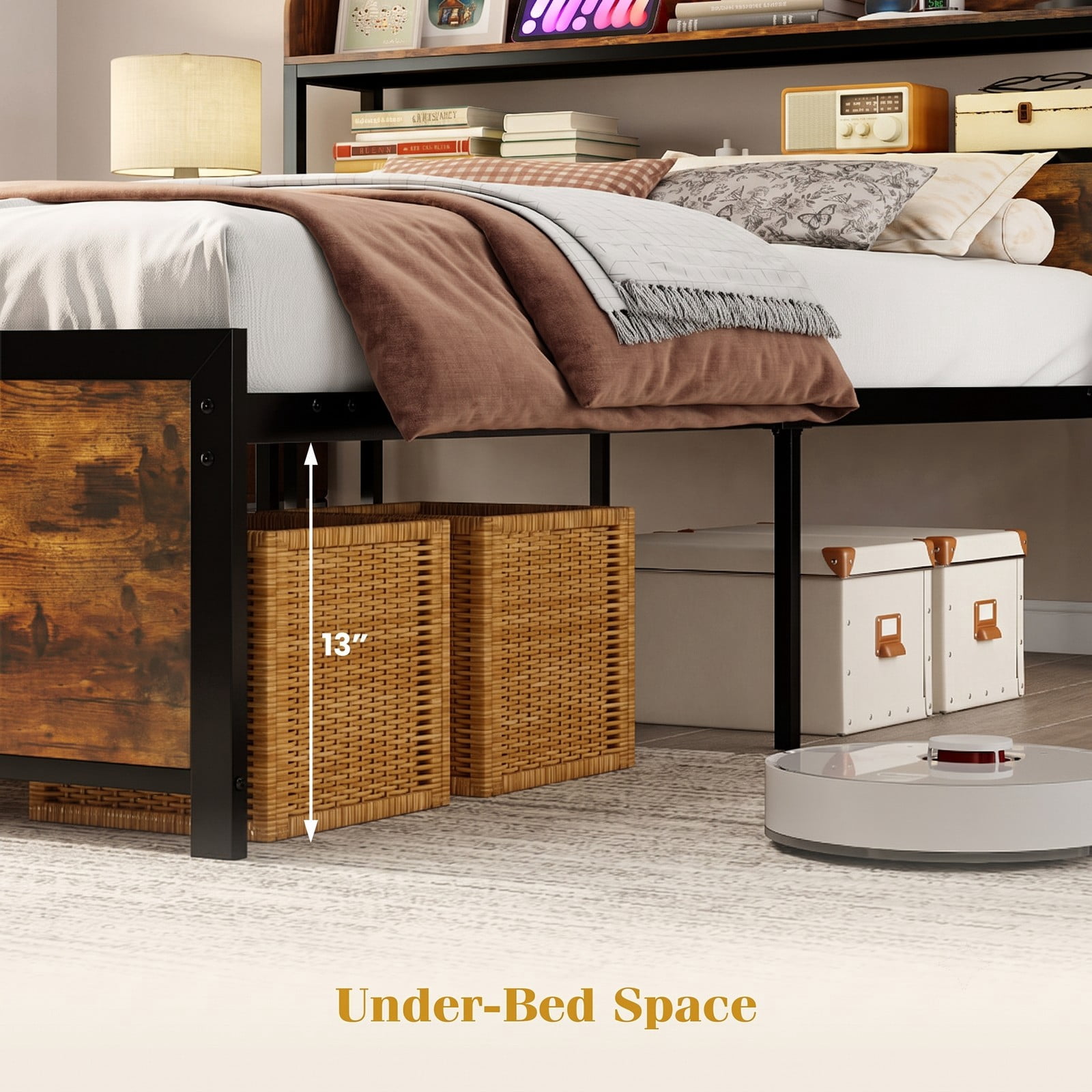 Furnibear Full Size Bed Frame with Storage Headboard, LED Platform Bed Frame with Power Outlets and USB Ports, Rustic Brown