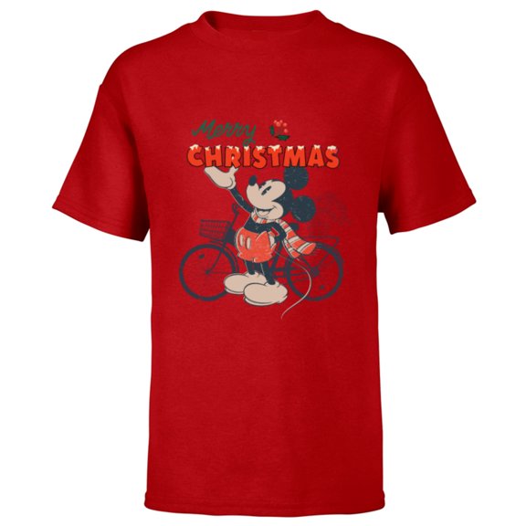 Disney Mickey Mouse Merry Christmas Bicycle Retro Distressed - Short Sleeve T-Shirt for Kids - Customized-Red