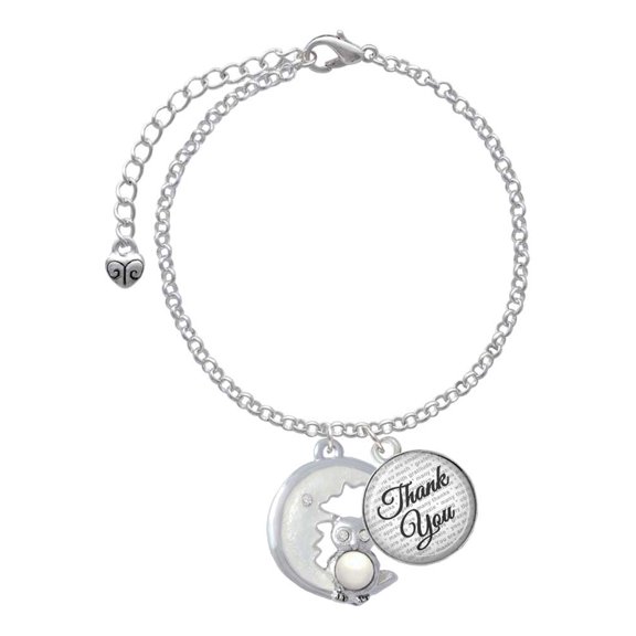 Delight Jewelry Silvertone Large Imitation Pearl Owl Sitting on White Moon - Domed Thank You Charm Bracelet, 6"+2"