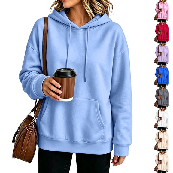 Resicozy Basic Oversized Hoodies for Women Solid Color Hooded Sweatshirt Baggy Plain Pullover Loose Fit Tops with Pockets Light Blue L