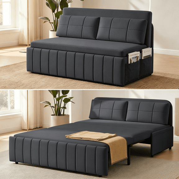 Puremind Queen Size Pull Out Sofa Bed, Convertible Sleeper Sofa with Pull Out Bed, Loveseat Couch Bed with Pillows for Living Room/Apartment, Dark Gray