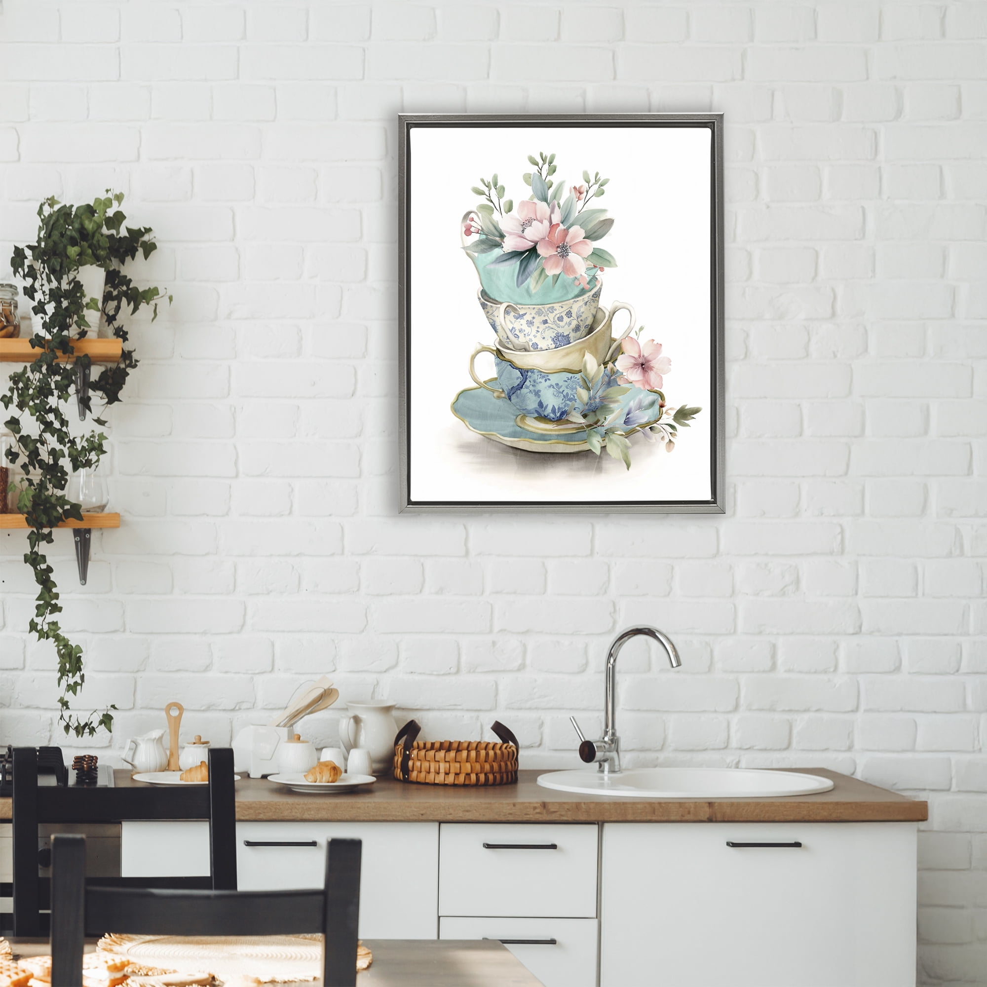 Stupell Industries Tea Cup Chinoiserie Blossoms Gray Framed Floater Canvas Wall Art, design by Kim Allen
