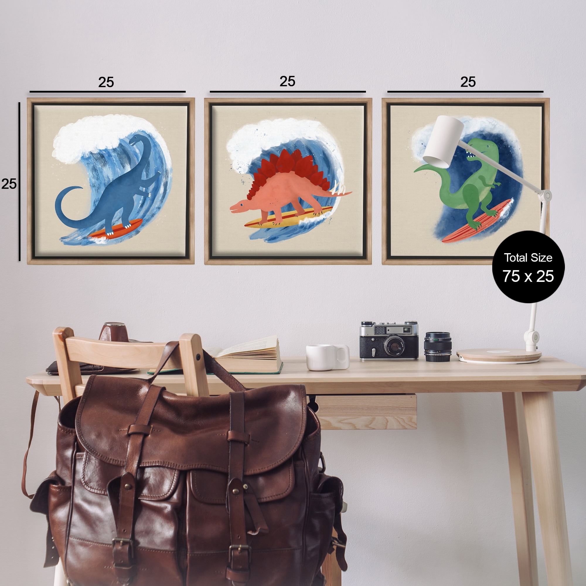 Stupell Industries Dinos Surfing Beach Waves Animals Painting Brown Floater Framed Canvas Art Print Wall Art, 25 x 25, Set of 3