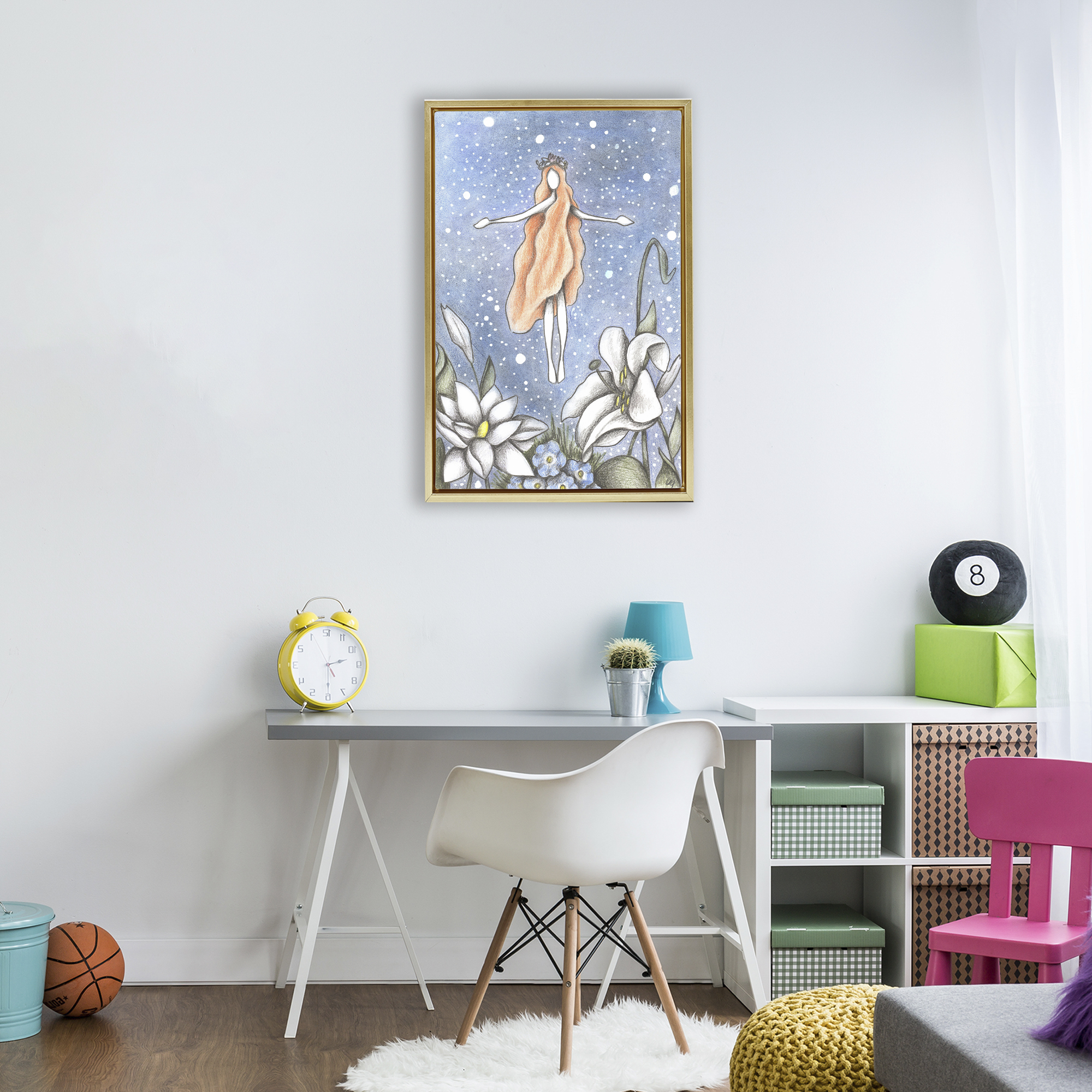 Mystical Garden Fairy Sparkle Gold Framed Floater Canvas Wall Art, design by Cecilia Battaini