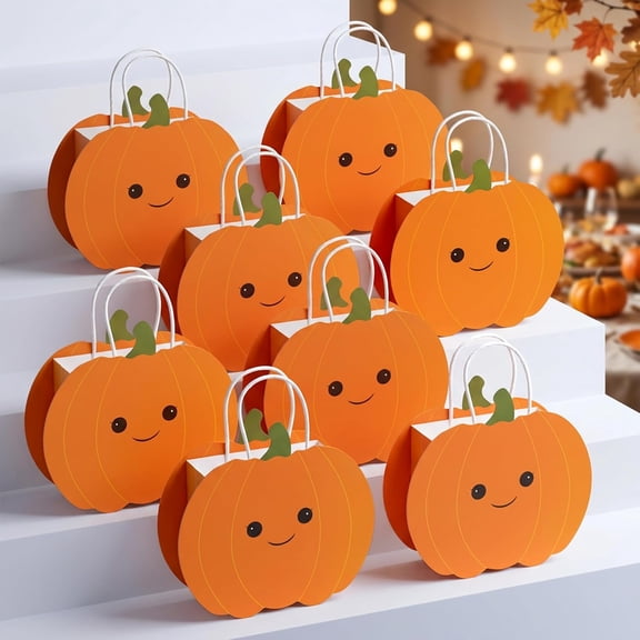 Cheerland 8 Pcs Pumpkin Party Favor Bags Cute Face Pumpkin Shaped Candy Tote Goodie Bag Small with Handle