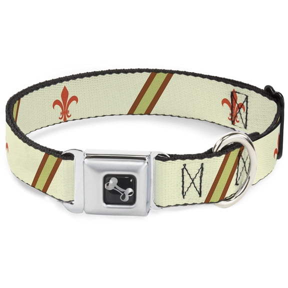 Buckle-Down Pet Collar, Dog Collar Metal Seatbelt Buckle, Fleur De Lis Stripes Tan Orange Brown Green, 9.5 to 13 Inches 1.0 Inch Wide