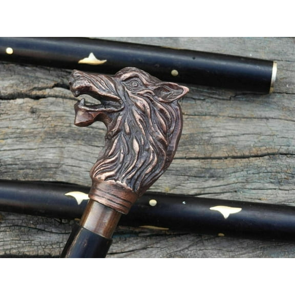 Antique Wolf Head Brass Handle Brown Wooden Walking Stick Wood Cane Gift Item