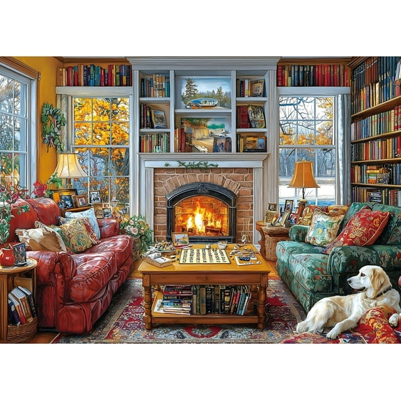 Cozy Reading Room 1000 Piece Jigsaw Puzzle, Winter Library Scene with Fireplace, Books and Dog, Adult Puzzle for Relaxation