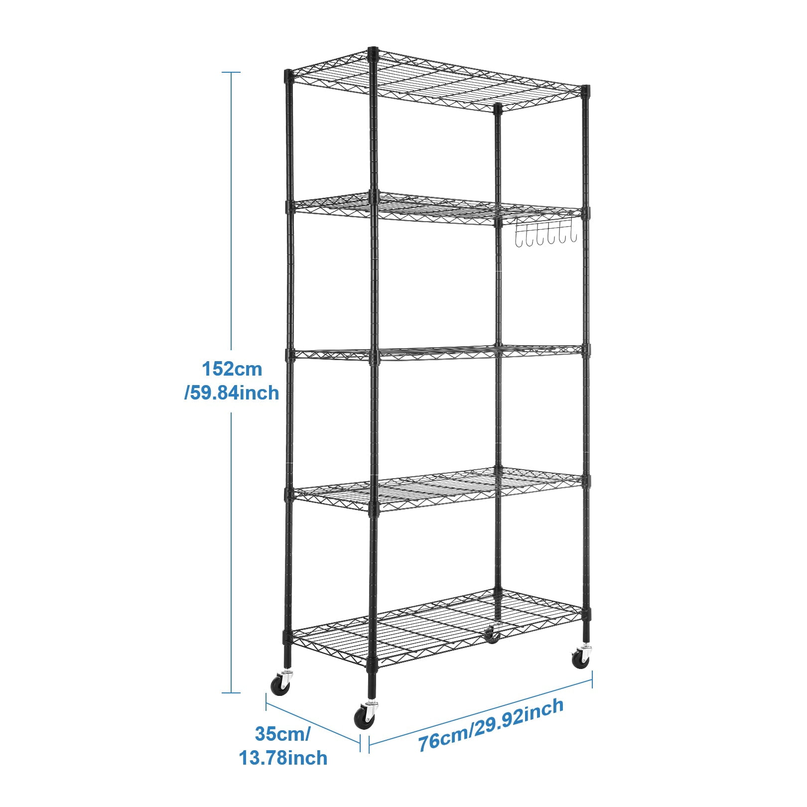 Sailvan 5-Tier Heavy Duty Metal Shelving Unit with Wheels, 900LBS Adjustable Wire Storage Rack for Garage, Pantry & Kitchen,Black