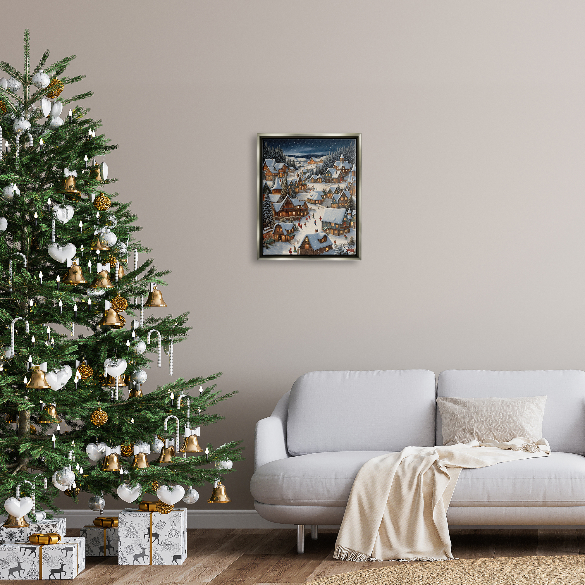 Stupell Industries Snowy Christmas Village Holiday Painting Gray Floater Framed Canvas Art Print Wall Art, 17 x 21