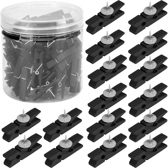 60 chinchetas negras con pinzas de madera, chinchetas decorativas para la ropa, para tableros de corcho, tablones de anuncios, fotos, manualidades y aulas de oficina.