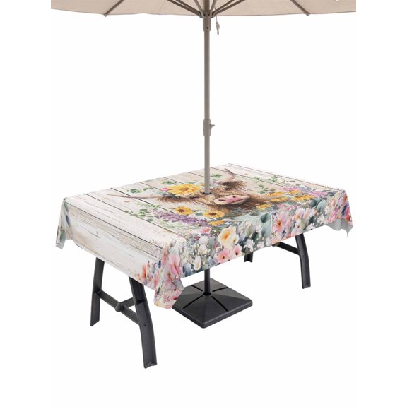 Outdoor Tablecloth with Umbrella Hole and Zipper, Spring Cow Floral Rectangle Table Cloth 60x84 Inch Waterproof Tablecloth, Green Eucalyptus Leaves Grey Wooden Picnic Table Cover for Patio Camping