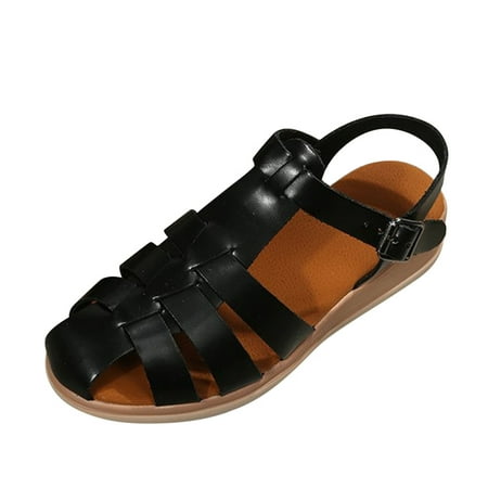 

Womens Sandals Ladies Fashion Solid Leather Strap Combination Buckle Wedge Roman Sandals Women S Sandals Pu Black 38