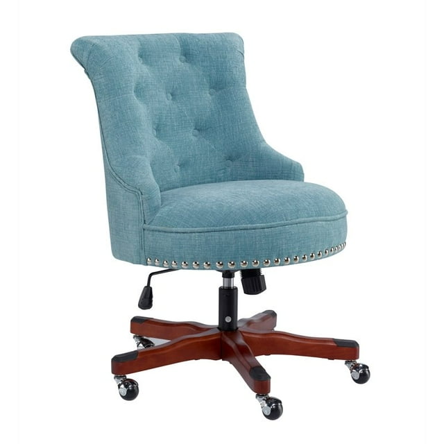 Linon Sinclair Chaise de Bureau Rembourrée Base en Bois avec Roues en Bleu Aqua