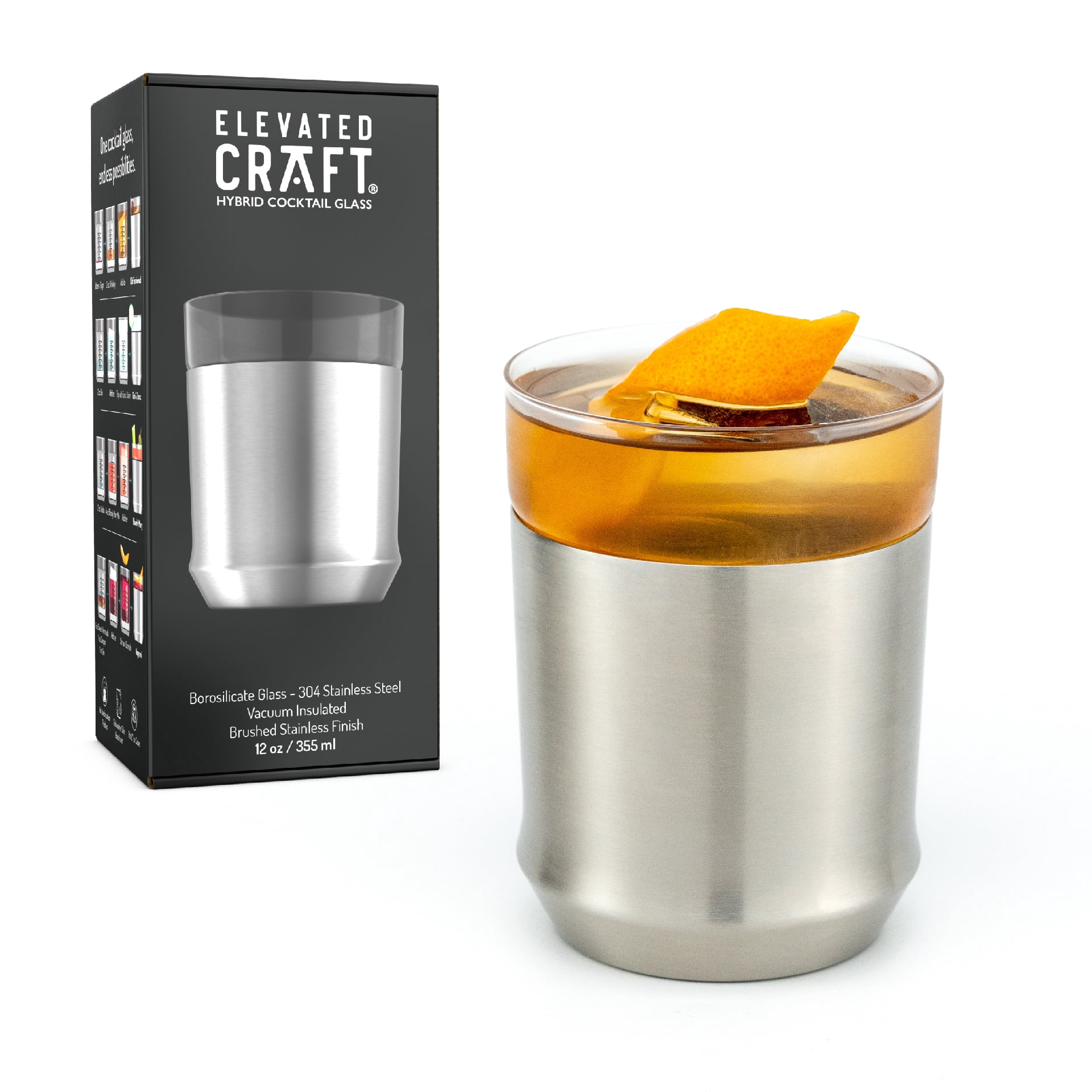 Elevated Craft Hybrid Rocks Glass Premium Vacuum Insulated Steel Base with Removable Insert - 12oz Cocktail Glass, Double Old Fashioned Lowball for Margaritas, Bourbon, Whiskey - Steel