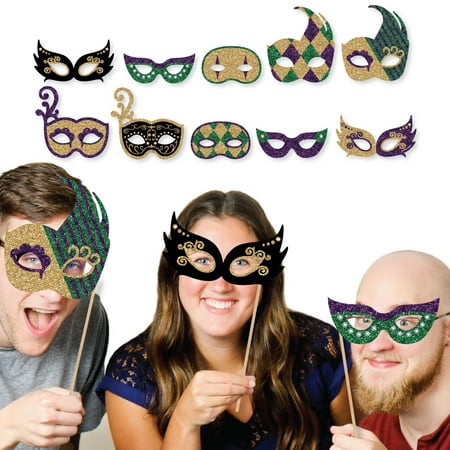 Mardi Gras Masks & Glasses - Paper Card Stock Masquerade Party Photo Booth Props Kit - 10 Count
