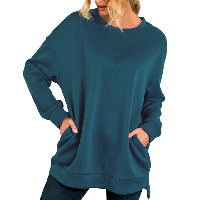 WEAIXIMIUNG Chandails en Molleton pour Femmes Pull Décontracté Ample avec Prêt à Bouche Couleur Unie Manches Longues Col Rond