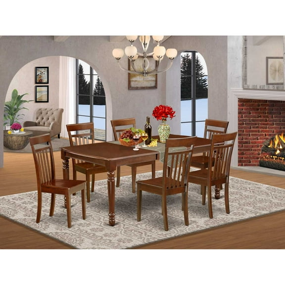 East West Furniture Dover 7-piece Dining Set with Wood Seat in Mahogany